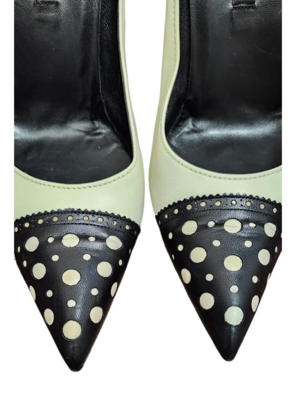 Sergio Rossi Polka Dot Heels Pumps Black White Leather Pointed Toe EU 39 Italy